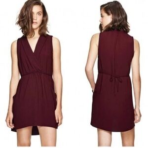 Aritzia Wilfred Sabine Maroon Sleeveless Tie Waist Dress Size S Faux Wrap pocket